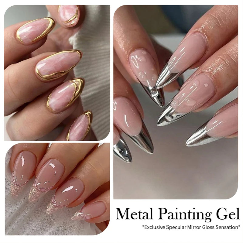 Pintura em gel metálica cromada dourada prateada ouro rosa efeito espelhado esmalte super brilhante desenho linha verniz francês para arte em unhas